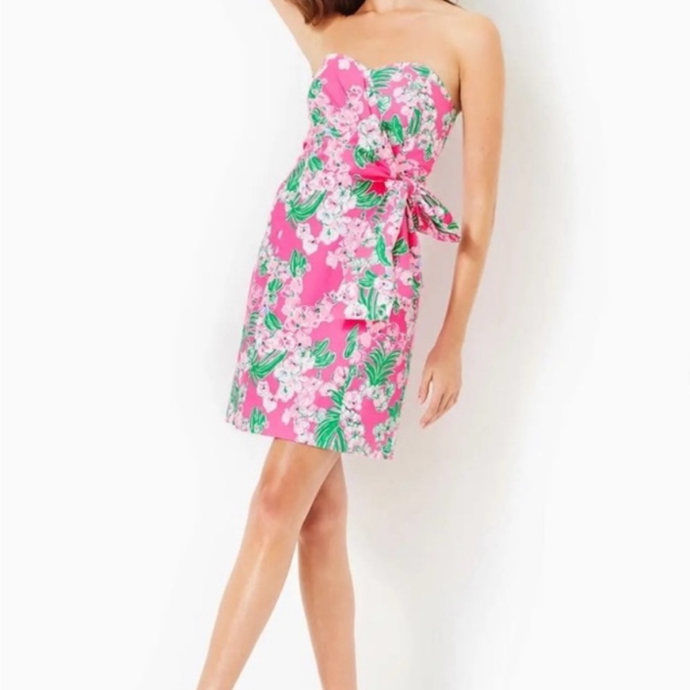 🆕 Lilly Pulitzer Stella Strapless Dress Roxie Pink Green Bow Fitted XS 0 - Picture 2 of 9